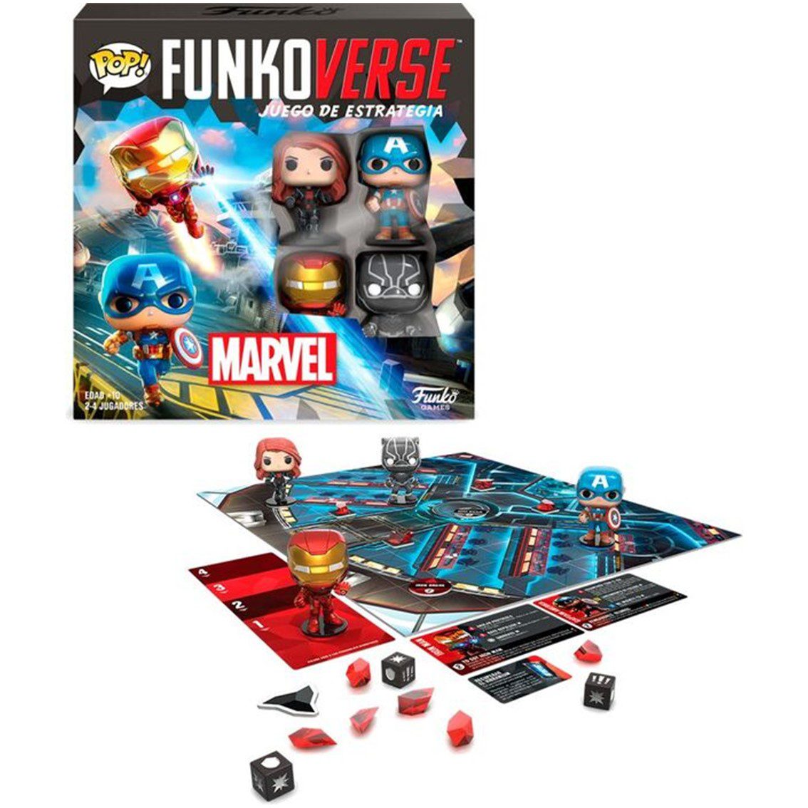 889698575188 | P/N: 57518 | Cod. Artículo: MGS0000006097 Juego de mesa funkoverse marvel edicion 100 capitan america iron man viuda negra & pantera negra 57518