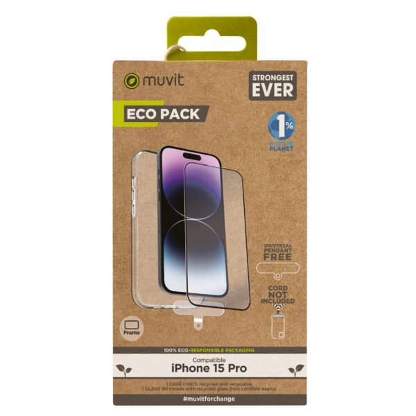 8426801171893 | P/N: MCPAK0083 | Cod. Artículo: DSP0000023466 Funda muvit para iphone 15 pro + protector pantalla vidrio templado plano marco negro