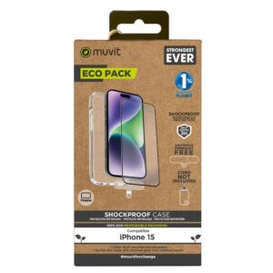 8426801171930 | P/N: MCPAK0085 | Cod. Artículo: DSP0000023407 Funda muvit shockproof 2m para apple iphone 15 transparente + protector pantalla cristal templado marco negro