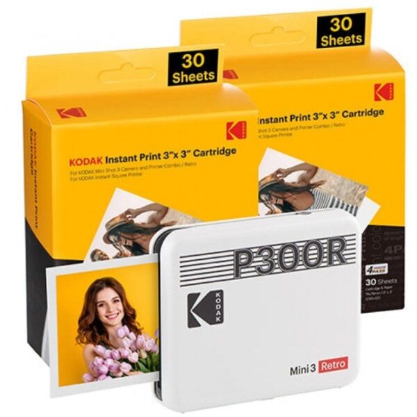 Impresora Portátil Fotográfica Kodak Mini 3 Retro/ Tamaño Foto 76.2x76.2mm/ Incluye 2x Papel Fotográfico/ Blanca 192143003397 P300RW60 KOD-IMP MINI 3 R WH P