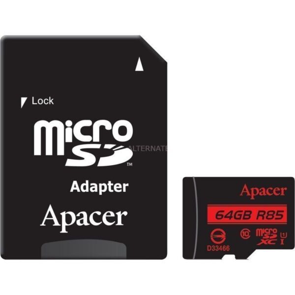 Tarjeta de Memoria Apacer 64GB XC UHS 1 con Adaptador/ Clase 10/ 85MBs 4712389912626 AP64GMCSX10U5-R APA-MICROSD 64GB AP64GMCSX10