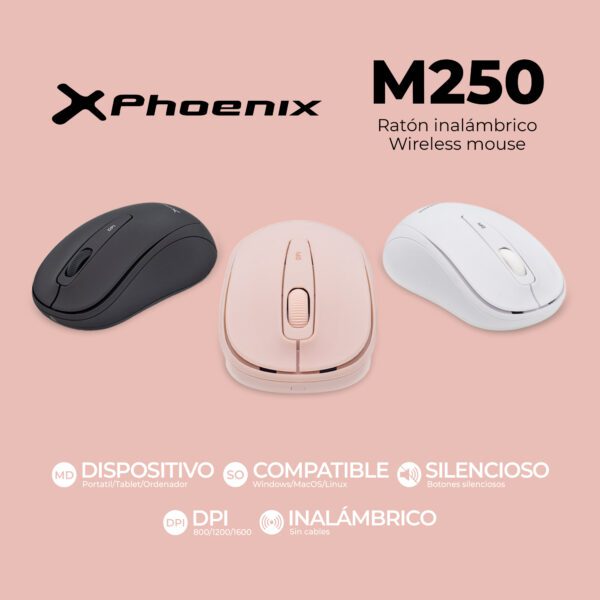 Phoenix m250 ratón inalámbrico 2.4 ghz receptor usb hasta 1600 dpi compatible con pc mac portátil color blanco - Imagen 6