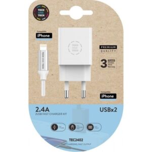 Cargador de Pared Tech One Tech TEC2402/ 2xUSB + Cable Lightning/ 2.4A/ Blanco 8436546592266 TEC2402 TOT-CAR TEC2402