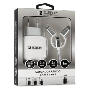 Cargador de Pared Subblim SUB-CHG-1ZWC01/ 2xUSB + Cable 3 en 1/ 12W/ Blanco 8436586740696 SUB-CHG-1ZWC01 SUB-CARGA CHG-1ZWC01