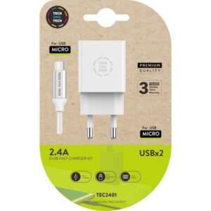 Cargador de Pared Tech One Tech TEC2401/ 2xUSB + Cable Micro USB/ 2.4A/ Blanco 8436546592259 TEC2401 TOT-CAR TEC2401