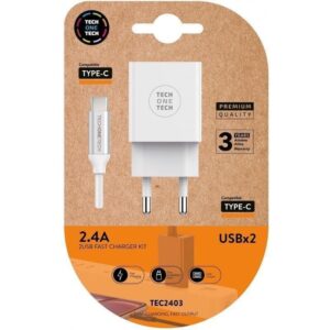 Cargador de Pared Tech One Tech TEC2403/ 2xUSB + Cable USB Tipo-C/ 2.4A/ Blanco 8436546592532 TEC2403 TOT-CAR TEC2403