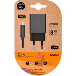 Cargador de Pared Tech One Tech TEC2423/ 2xUSB + Cable USB Tipo-C/ 2.4A/ Negro 8436546592549 TEC2423 TOT-CAR TEC2423