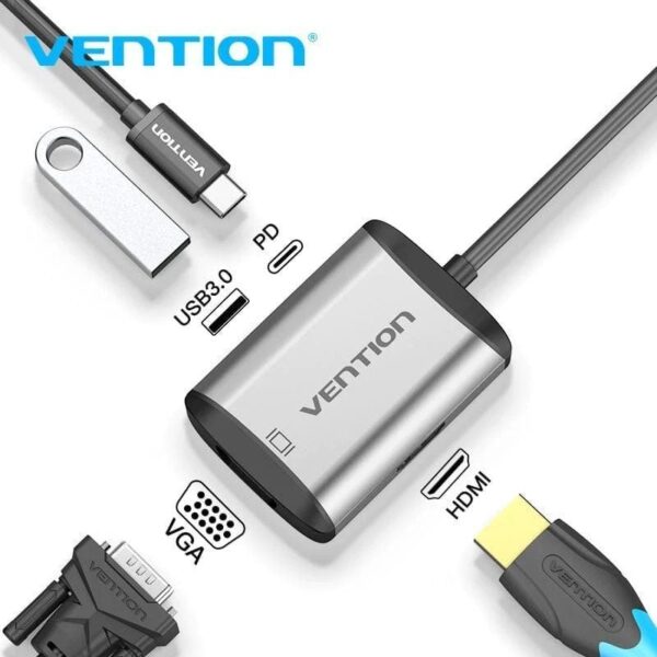 Conversor Vention TFAHB/ 1xUSB/ 1xHDMI/ 1xVGA/ 1xUSB Tipo-C PD/ 15cm/ Gris - Imagen 2