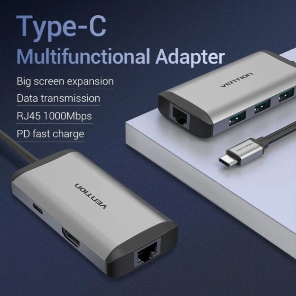 Docking USB Tipo-C Vention CNCHB/ 1xHDMI/ 3xUSB/ 1xUSB Tipo-C PD/ 1xRJ45/ Gris - Imagen 4