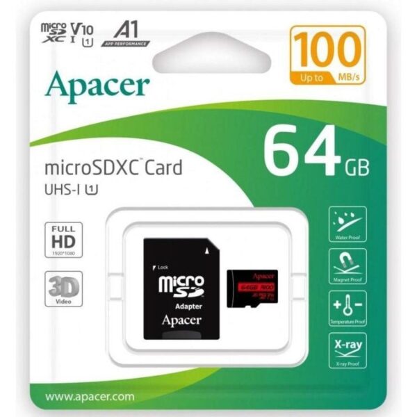 Tarjeta de Memoria Apacer 64GB XC UHS 1 con Adaptador/ Clase 10/ 100MBs 4712389920898 AP64GMCSX10UB-R APA-MICROSD 64GB AP64GMCSX1