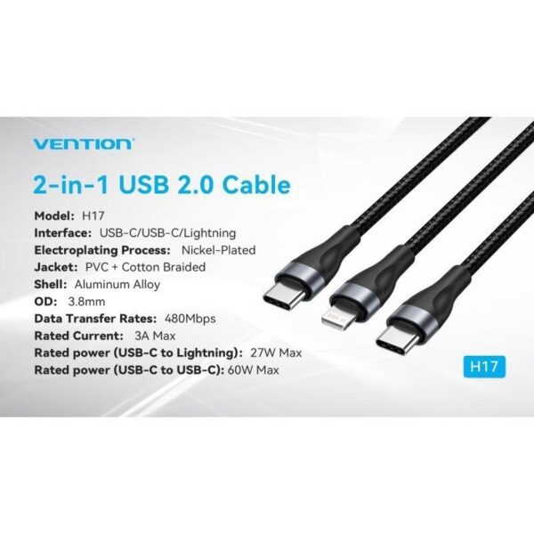 Cable USB Tipo-C Vention H17BAV/ USB Tipo-C Macho - Lightning Macho/ USB Tipo-C Macho/ 60W/ 480Mbps/ 1.2m/ Negro - Imagen 3