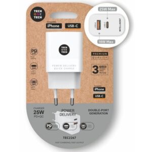 Cargador de Pared Tech One Tech TEC2267/ 1xUSB Tipo-C/ 1xUSB/ 3A/ Blanco 8436546594437 TEC2267 TOT-CAR TEC2267