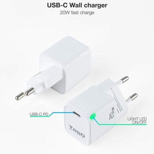 Cargador de Pared TooQ TQWC-PD20WT/ 1xUSB Tipo-C/ 20W/ Blanco - Imagen 2