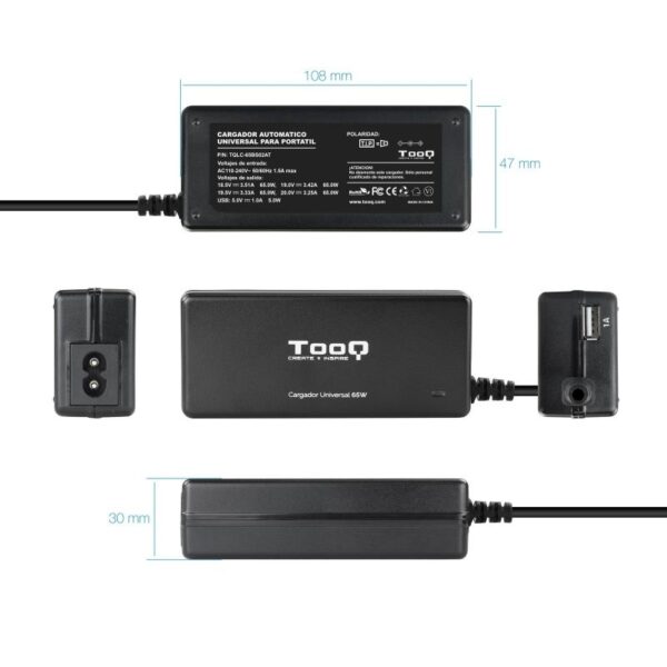 Cargador de Portátil TooQ TQLC-65BS02AT/ 65W/ Automático/ 8 Conectores/ Voltaje 18.5-20V/ 1 USB - Imagen 3