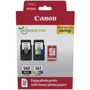 Cartucho de Tinta Original Canon PG-560 + CL-561 Multipack/ Negro/ Tricolor + Papel Fotográfico 8714574679457 3713C008 CAN-MULTIPACK 3713C008