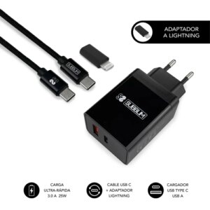 SUBBLIM CARGADOR ULTRA RAPIDO 2xUSB DE PARED PD25W+QC3.0+Cable C to C y lightning Negro 8436586742096 | P/N: SUBCHG-3WPD11 | Ref. Artículo: 1357448