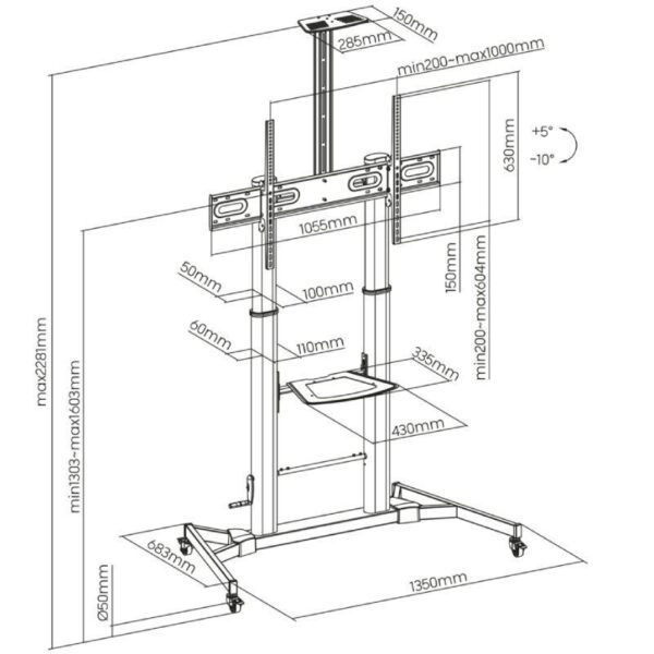 Soporte de Suelo Inclinable con Ruedas y Manivela Aisens FT100TE-171 para TV 60-100"/ hasta 100kg - Imagen 5