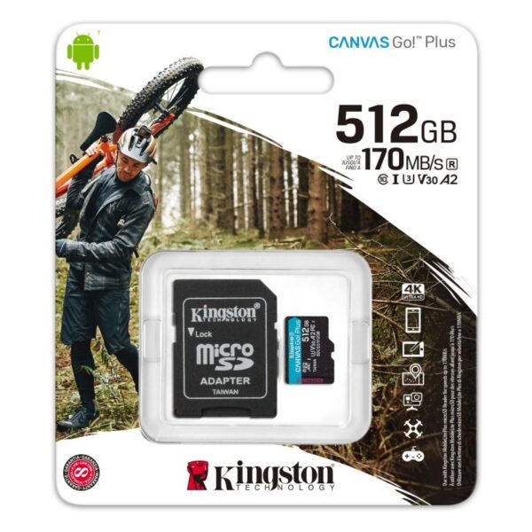 Tarjeta memoria micro secure digital sd xc 512gb kingston canvas go! plus clase 10 uhs - i u3 + adaptador sd - Imagen 3