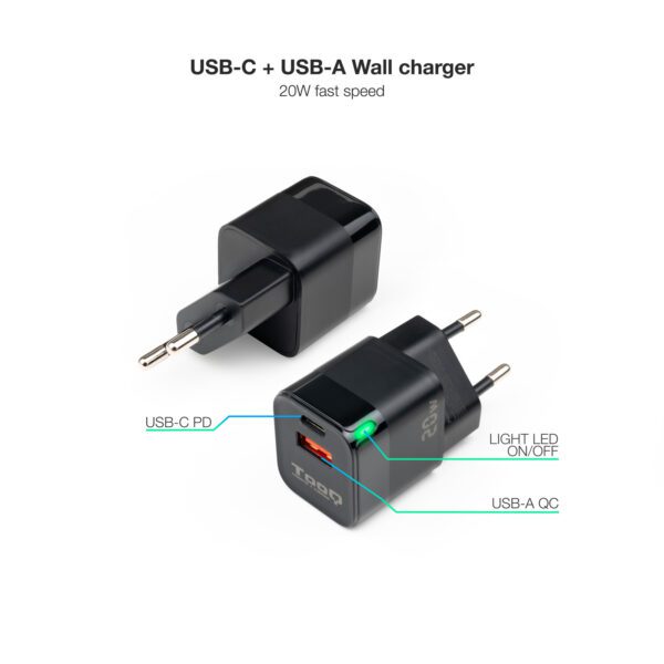 Cargador pared tooq usb - c - pd + usb - a - qc 20w negro - Imagen 2