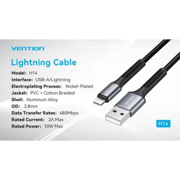 Cable USB 2.0 Lightning Vention H14BF/ Lightning Macho - USB Macho/ 10W/ 480Mbps/ 1m/ Negro - Imagen 3