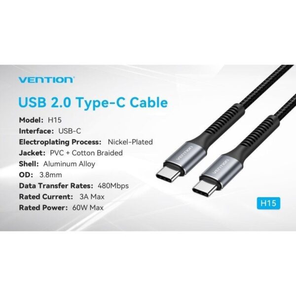 Cable USB Tipo-C Vention H15BF/ USB Tipo-C Macho - USB Tipo-C Macho/ 60W/ 480Mbps/ 1m/ Negro - Imagen 3