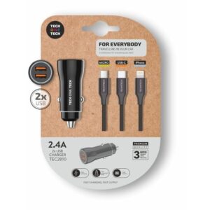 Cargador de Coche Tech One Tech TEC2810/ 2xUSB + Cable 3 en 1/ 2.4A 8436546594079 TEC2810 TOT-CARGA COCHE TEC2810