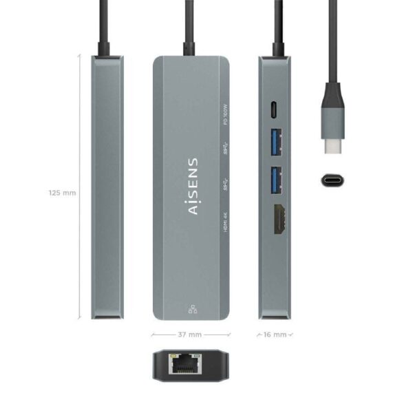 Docking USB Tipo-C Aisens ASUC-5P011-GR/ 1xHDMI/ 2xUSB/ 1xRJ45/ 1xUSB Tipo-C/ 1xUSB Tipo-C PD/ Gris - Imagen 4