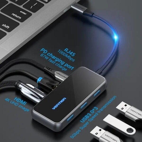 Docking USB Tipo-C Vention TFFHB/ 1xHDMI 4K/ 3xUSB/ 1xRJ45/ 1xUSB Tipo-C PD/ Gris - Imagen 2