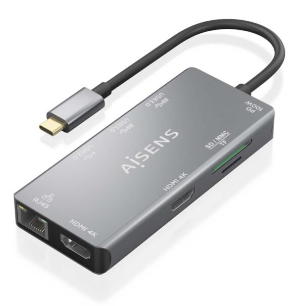 HUB AISENS USB-C DOCK 9 EN 1 USB-C 2XHDMI RJ45 2XUSB-A 3.0 USB-A 2.0 PD 8435739901724 ASUC-9P018-GR