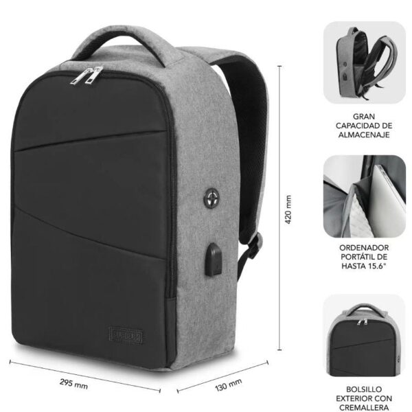 Mochila Subblim Secure V2 AP para Portátiles hasta 15.6"/ Puerto USB/ Antirrobo/ Gris - Imagen 3