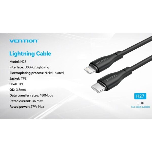 Cable USB Tipo-C Lightning Vention H28BF/ USB Tipo-C Macho - Lightning Macho/ 27W/ 480Mbps/ 1m/ Negro - Imagen 3