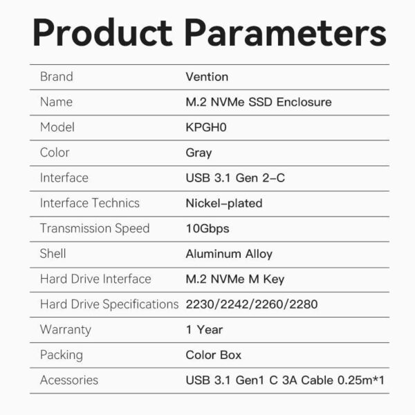 Caja Externa para Disco SSD M.2 NVMe Vention USB Tipo-C  KPGH0/ USB 3.1/ Sin tornillos - Imagen 3