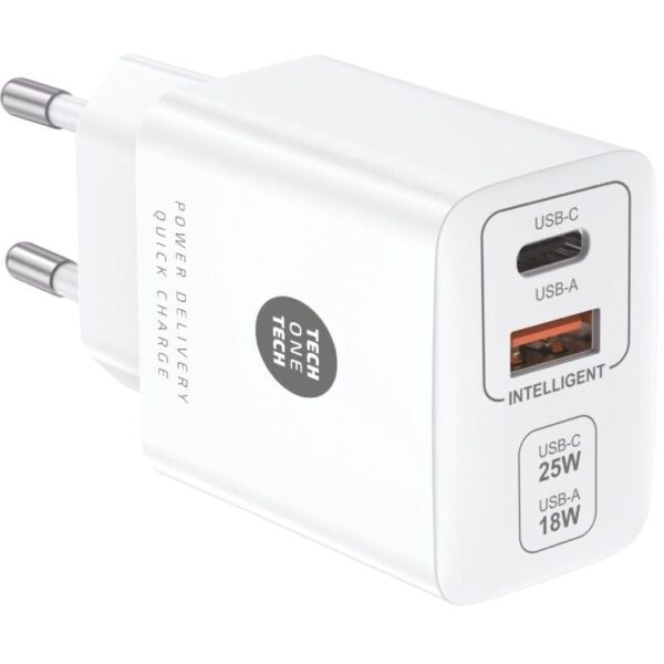 Cargador de Pared Tech One Tech TEC2267/ 1xUSB Tipo-C/ 1xUSB/ 3A/ Blanco - Imagen 3