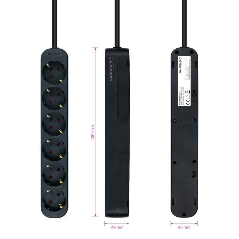 Regleta Nanocable 10.37.0006-NS-BK/ 6 Tomas de Corriente/ Cable 1.4m/ Negra - Imagen 3