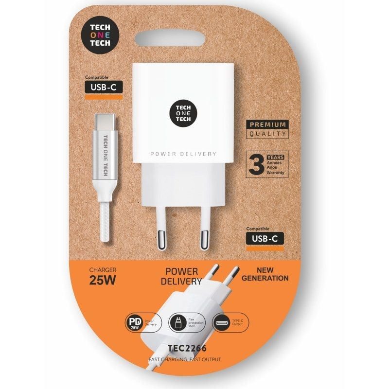 Cargador de Pared Tech One Tech TEC2266/ 1xUSB Tipo-C + Cable USB Tipo-C/ 3A/ Blanco 8436546594376 TEC2266 TOT-CAR TEC2266