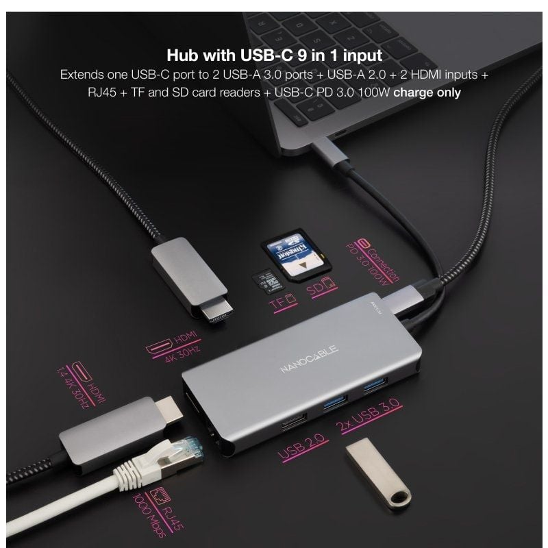 Docking Tipo-C Nanocable 10.16.1009/ 3xUSB/ 2xHDMI 4K/ 1xRJ45/ 1xLector tarjetas/ 1xUSB Tipo-C PD/ Gris - Imagen 3