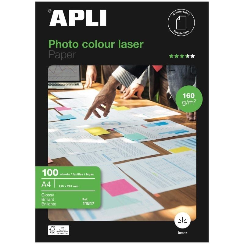 Papel Fotográfico Apli Colour Laser 11817/ DIN A4/ 160g/ 100 Hojas/ Brillante 8410782118176 11817 API-PAPEL FOTO 11817
