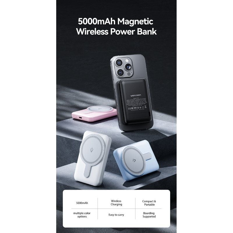 Powerbank 5000mAh Vention FHSP0/ 20W/ Wireless/ Rosa - Imagen 2
