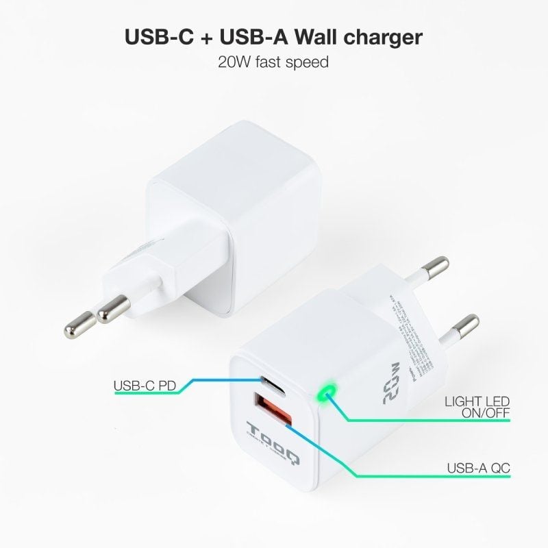 Cargador de Pared TooQ TQWC-QCPD20WT/ 1xUSB-Tipo C/ 1x USB/ 20W/ Blanco - Imagen 2