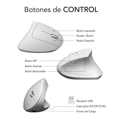 SUBBLIM Ratón GLIDE VERTICAL ERGO DUAL MOUSE BATTERY WHITE - Imagen 7