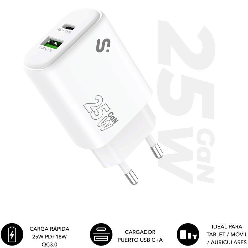 Cargador de Pared GaN Subblim 25W Charger USB C+A/ 1xUSB Tipo-C/ 1xUSB/ 25W 8436586743468 SUBCHG-6G2510 SUB-CARGA SUBCHG-6G2510