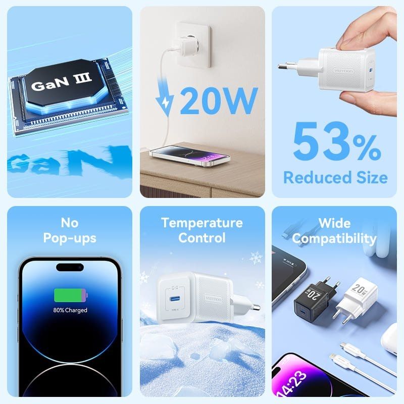 Cargador de Pared GaN Vention TZ-FEPB0-EU-02/ 1xUSB Tipo-C + Cable Lightning/ 20W - Imagen 3