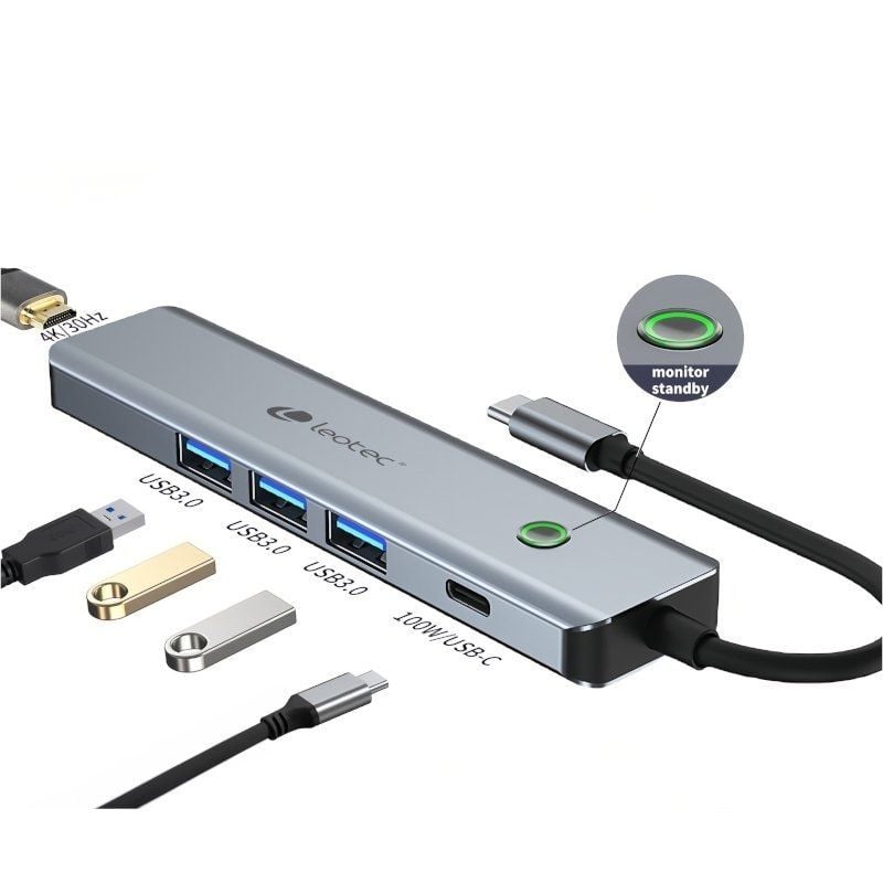 Docking USB Tipo-C Leotec LEDS05/ 3xUSB/ 1xUSB Tipo-C PD/ 1xHDMI 4K/ Gris - Imagen 2