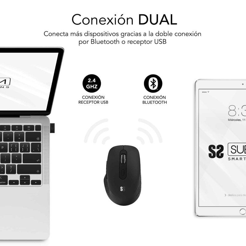 Ratón Ergonómico Inalámbrico por Bluetooth/ 2.4GHz Subblim Curve Ergo Dual Battery/ Batería recargable/ Hasta 1600 DPI/ Negro - Imagen 3