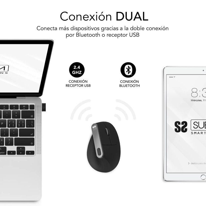 Ratón Ergonómico Inalámbrico por Bluetooth/ 2.4GHz Subblim Nature Vertical Ergo Dual Battery/ Batería Recargable/ Hasta 4000 DPI/ Negro - Imagen 2