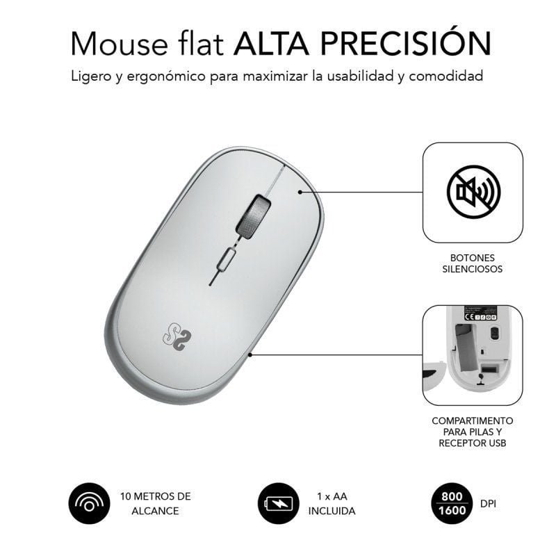 Ratón Mini Inalámbrico Subblim Wireless Mini/ Hasta 1600 DPI/ Plata - Imagen 3