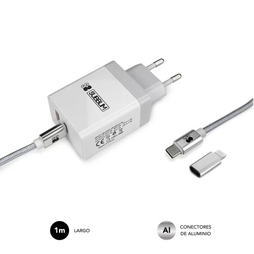 SUBBLIM CARGADOR ULTRA RAPIDO 2xUSB DE PARED PD25W+QC3.0+Cable C to C y lightning Blanco - Imagen 4