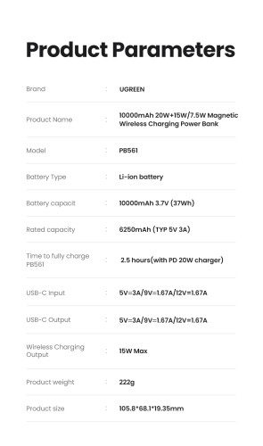 Ugreen 25208 batería externa 10000 mAh Cargador inalámbrico Beige - Imagen 14