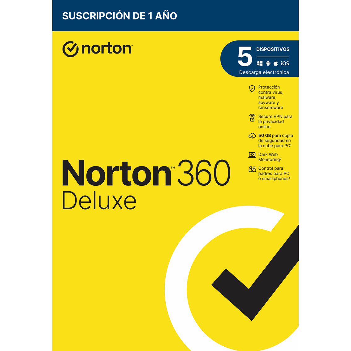5397231019389 | P/N: 21433201 | Cod. Artículo: MGS0000013648 Antivirus norton 360 deluxe 50gb español 1 usuario 5 dispositivos 1 año caja generic rsp mm gum