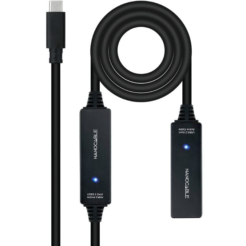 Cable Alargador USB Tipo-C 3.2 con Amplificador Nanocable 10.01.1312/ USB Tipo-C Macho - USB Tipo-C Hembra/ 10m/ Negro 8433281015340 10.01.1312 NAN-CAB 10 01 1312
